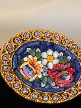 Vintage Italian Micro Mosaic 3D Flower Brooch Pin Oval Millefiori Gold Toned